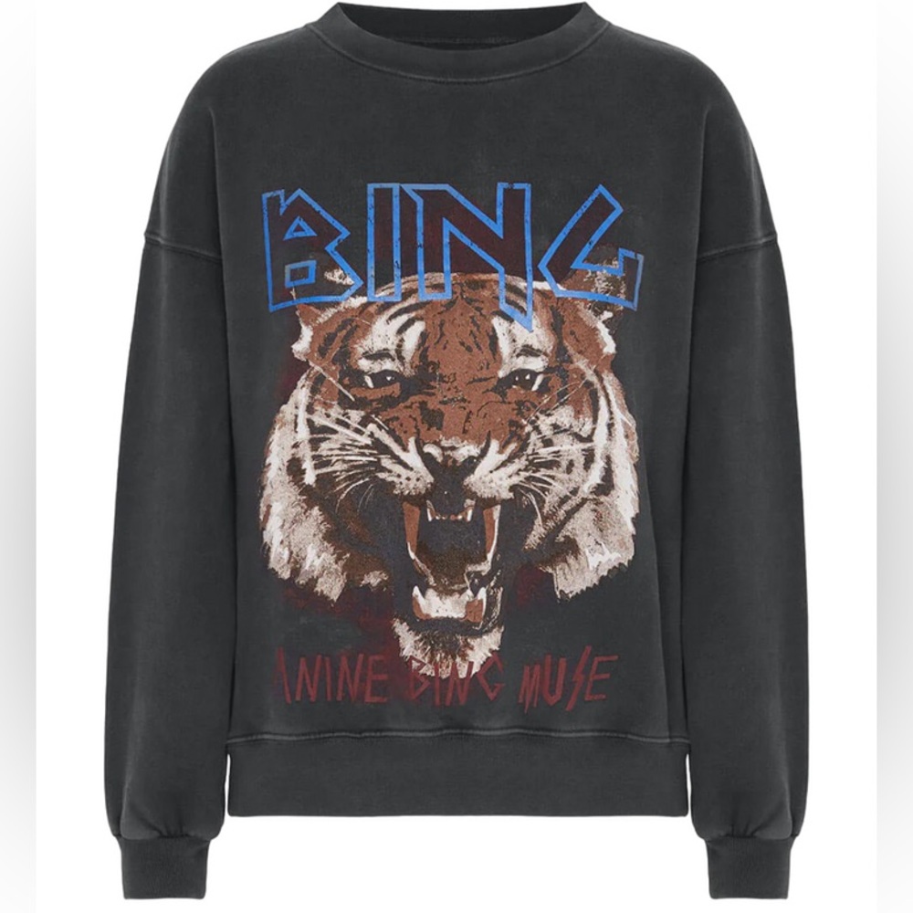 Anine Bing Black Graphic Sweatshirt Relaxed Fit Tiger Print XS - Picture 4 of 12